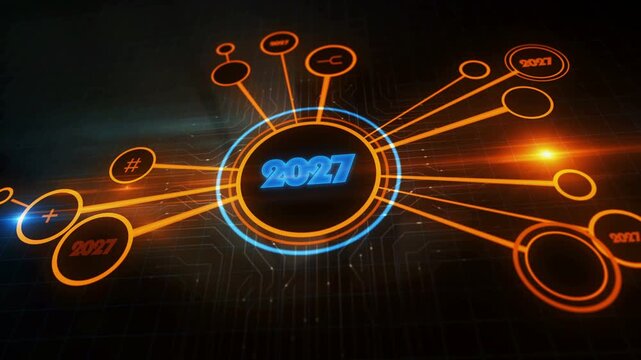 2027 new year symbol digital concept. Cyber technology and computer network background abstract 3d animation.