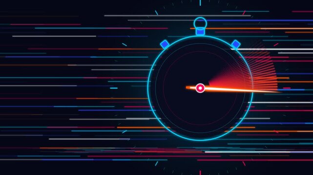 Neon digital stopwatch counting down with fast speed motion trails and glowing motion animation countdown