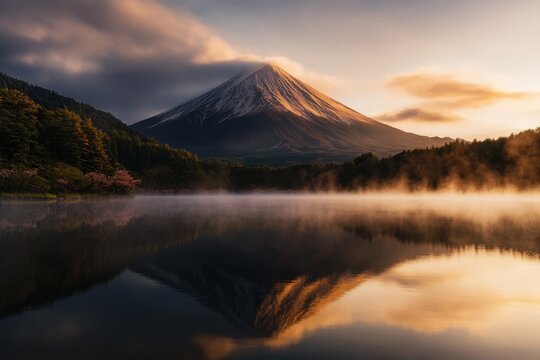 Mountain volcano dawn misty lake reflection cherry blossom forest sunrise landscape