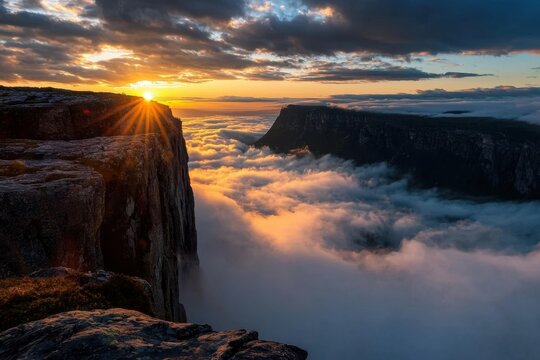Sunrise over fjord cliffs above cloud sea in Norway, golden morning light and dramatic sky