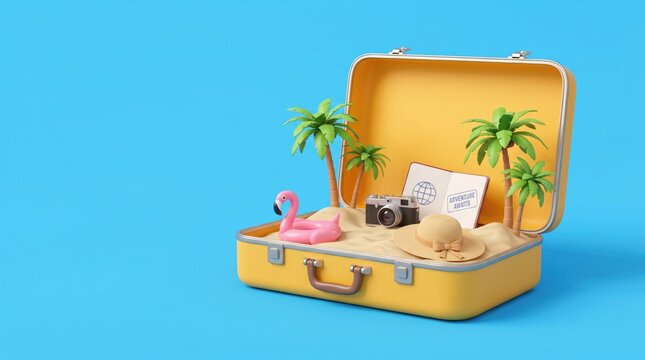 Open yellow suitcase filled with beach items like palm trees, sand, camera, passport, and flamingo float.
