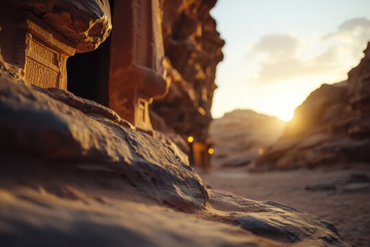 Rock carving canyon sunset desert sandstone cave ancient wall landscape warm light rocky cliff stone erosion passage travel geology architecture historic rough surface narrow path arid outdoor