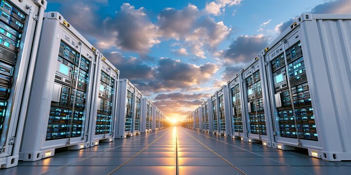 Rows of server racks in a data center with glowing blue lights, leading to a sunset sky, creating.