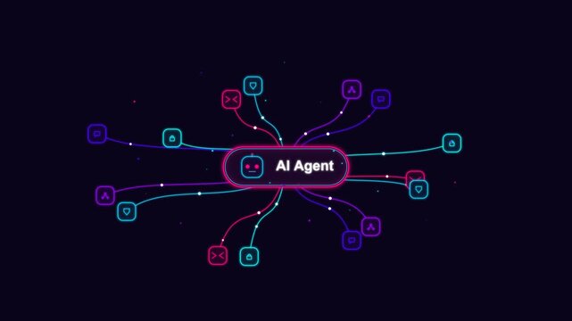 Ai agent concept animation with glowing neural network nodes, futuristic machine learning and data connectivity graph for digital technology presentations