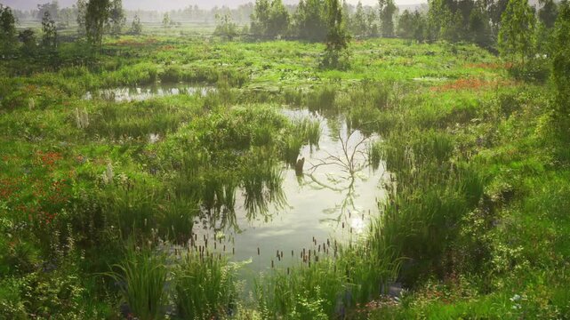 Tranquil pond with reflective surface and surrounding reeds, still water mirrors distant tree line and muted sky, moody nature scene suited to landscape