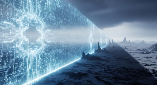 Futuristic holographic data wall standing as a digital barrier in a desolate alien landscape