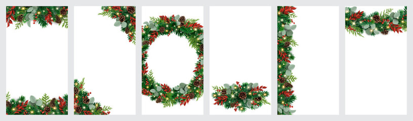 Obraz premium Christmas vertical stories template, gift tag set with wreath, corner frame, garland border, fir branches. Great for winter wedding. Transparent background in vector file.