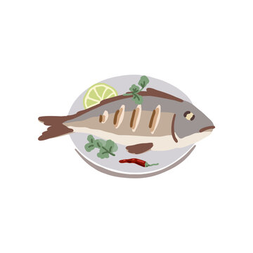 Grilled fish with lemon or lime slice, greens, red papper. Healthy seafood with herbs seasoning for cooking. Barbecue food for camping. Campfire meal, outdoor food. Flat vector clipart