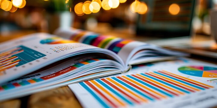 Open business report with colorful charts and graphs on wooden desk, warm bokeh lights in.