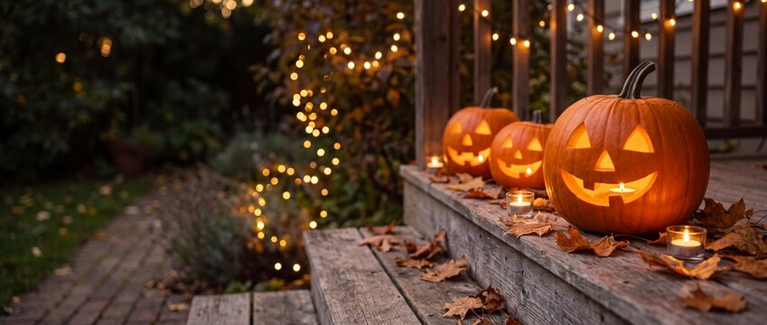 Glowing carved pumpkins with candles on rustic porch steps surrounded by autumn leaves and string lights, Halloween outdoor decoration