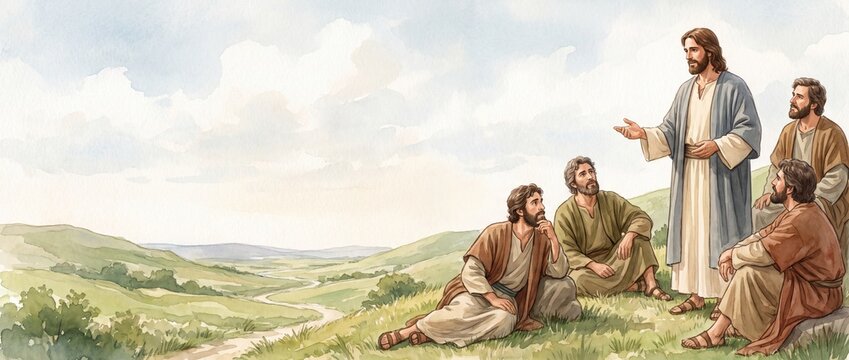 Religious illustration of a robed Jesus speaking with four seated followers in a green pastoral landscape beneath a cloudy sky