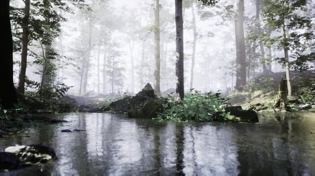 Ethereal bog with soft filtered light, thin haze winding between trunks, mossy hummocks and still water reflecting canopy, subtle mystery and fairy tale