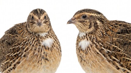 Fototapeta premium Two brown common quail birds standing side by side isolated on a white background
