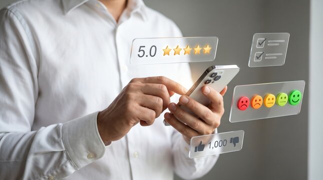Businessman holding smartphone with digital customer feedback icons