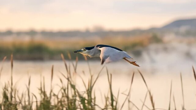 black crowned night heron flying close up at morning light in everglades florida usa video