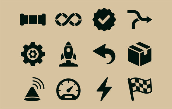 Devops automation and continuous integration vector bundle featuring solid silhouettes of cicd infinity loops deployment rockets git branches and rollback arrows