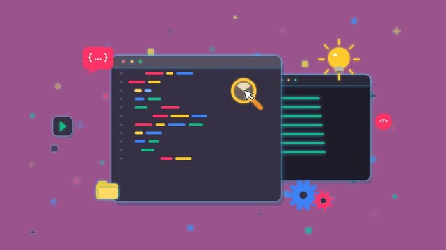 Animated coding and programming concept with magnifying glass scanning source code in software developer ide windows on purple background