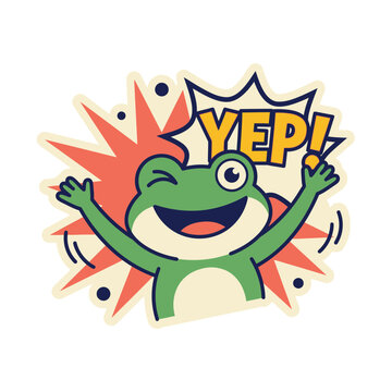 Happy cartoon frog character winking with a speech bubble saying Yep