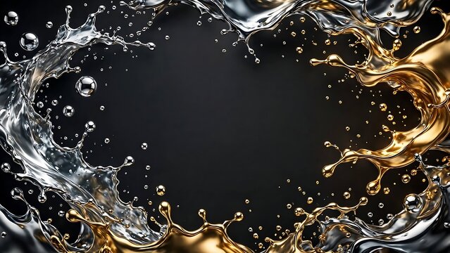 Golden and Silver Liquid Splashes Forming a Decorative Frame on a Dark Background