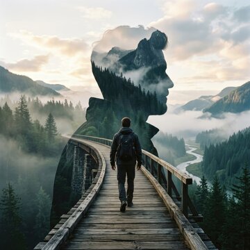 A man walks on a wooden bridge through a misty mountain landscape, superimposed with a silhouette of a man's head containing a forest.