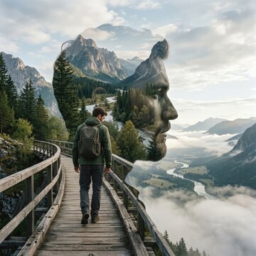 A man walks on a wooden path overlooking a majestic mountain landscape within a superimposed human profile.