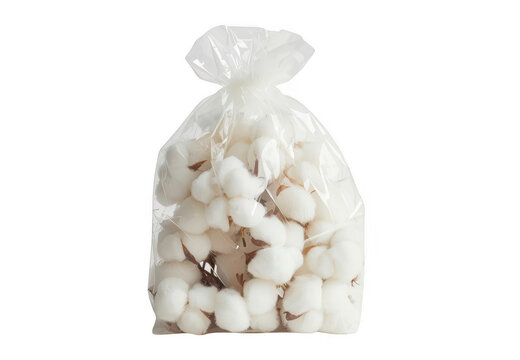 Cotton bolls in clear plastic bag with transparent background