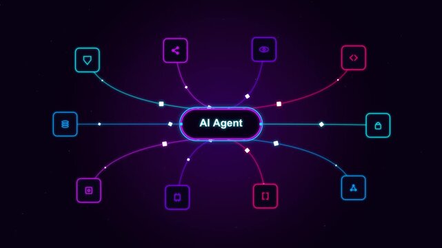 Ai agent network diagram infographic with glowing neon data nodes and digital integration connections