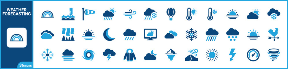 Obraz premium Weather two-tone icon set. Filled glyph pictograms of climate, meteorology, forecast, and atmospheric elements, blue duotone illustration.