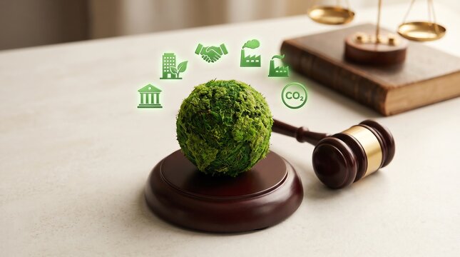 Gavel on table with green moss globe and digital eco icons