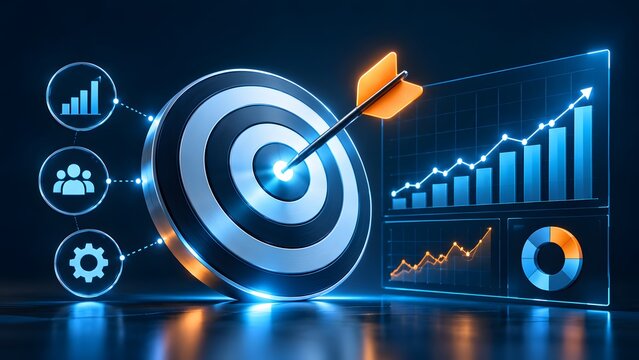 Business target achievement strategy featuring glowing bullseye dartboard connected to financial analytics dashboard and performance metric icons