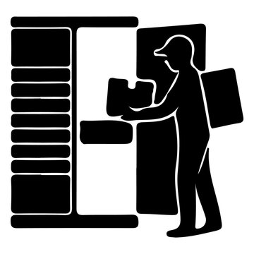 Delivery man silhouette placing cardboard box into automated parcel locker shelf.
