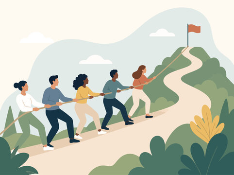 Diverse team pulling rope uphill towards flag goal success.