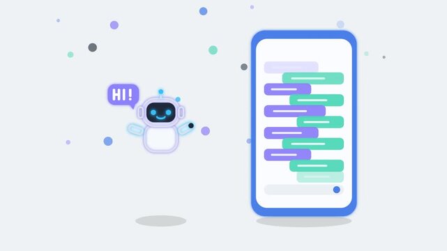 Cute ai chatbot character saying hello next to a smartphone with chat message bubbles animation ai assistant
