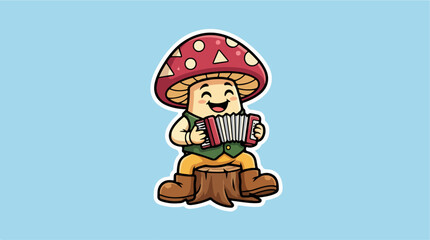 Fototapeta premium Isolated mushroom character playing accordion on a blue background.