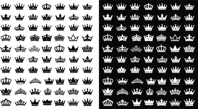 Minimalist crown icons vector set, black and white royal tiara symbols, king and queen graphic design elements
