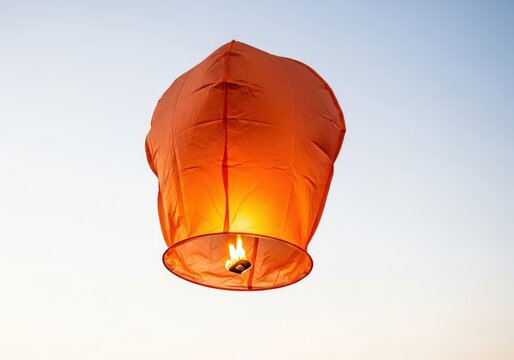 Glowing orange sky lantern with burning flame floating in the air isolated on white background