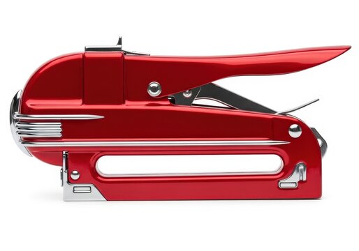 Red retro manual staple gun with chrome details isolated on white background