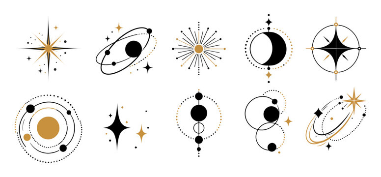 Modern Abstract Decorative Elements Collection with Sparkle Starburst Shapes , Orbit Rings and Geometric Shapes Vector Illustration