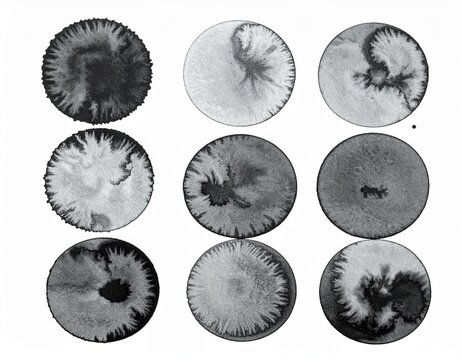 Set of nine black sumi ink blots in a grid on white, hand painted design elements