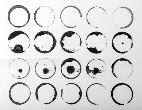 Large set of twenty hand painted sumi ink circles on white, zen design elements