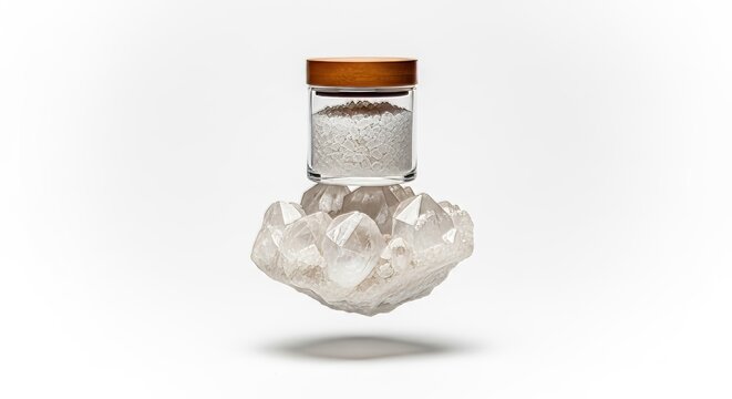 Premium salt jar balanced on a natural unpolished crystal cluster floating in midair against a pristine white studio backdrop for wellness, high-end, light, organic