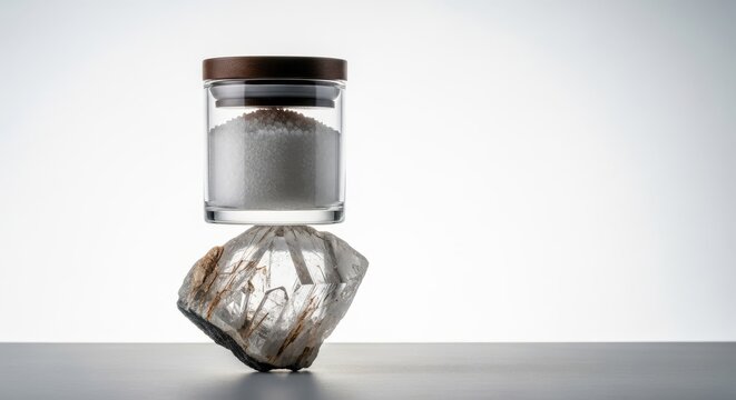 Premium salt jar balanced on a natural unpolished crystal cluster floating in midair against a pristine white studio backdrop for wellness, salt, jar, spa