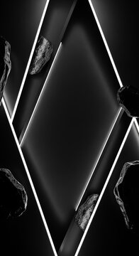 Premium sci-fi stage design featuring dark matte textures, neon platinum glowing edges, floating obsidian slabs, and sharp dramatic lighting, stage, glowing, architecture