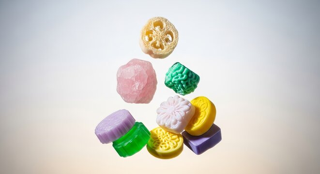 Premium wellness items including a loofah, radiant quartz, and vibrant soaps levitate in a minimalist studio forming a perfect triangle, hygiene, wash, symmetry