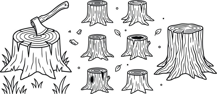 Wood tree stump line art vector icon set with lumberjack hatchet axe woodcutting elements