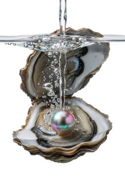 Pristine studio shot of an open oyster shell holding a luminous rainbow pearl amidst flowing carbonated water and effervescent air bubbles, purity, shiny, glowing