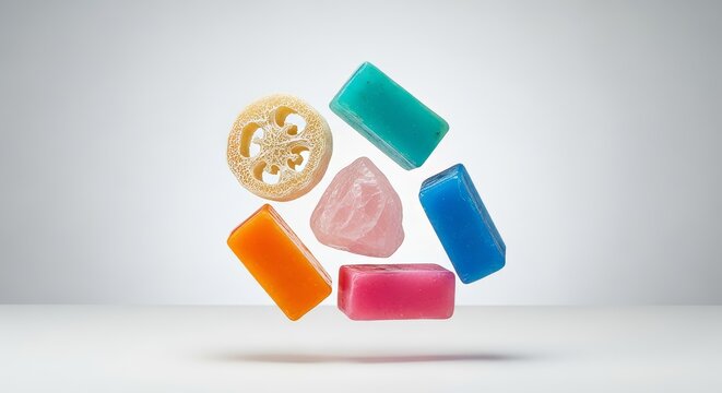 Premium wellness items including a loofah, radiant quartz, and vibrant soaps levitate in a minimalist studio forming a perfect triangle, wash, composition, modern
