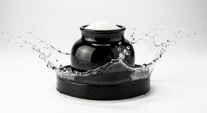 Professional studio photo of a sleek salt jar on a white background with a sudden burst of pure water splashing around its circular base, glass, water, drop