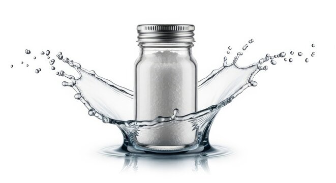 Professional studio photo of a sleek salt jar on a white background with a sudden burst of pure water splashing around its circular base, spray, container, reflection
