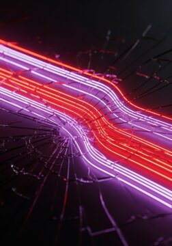 Radiant neon lines flow across a dark shattered glass surface, featuring glitched pixel sorting in vivid red and ultraviolet purple tones, vaporwave, shattered, technology